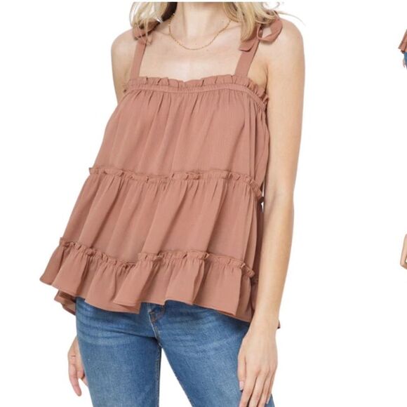 Cozy Co. Casual Boutique Sand Tiered Shoulder Tie Strap Woven Tank - Picture 1 of 7